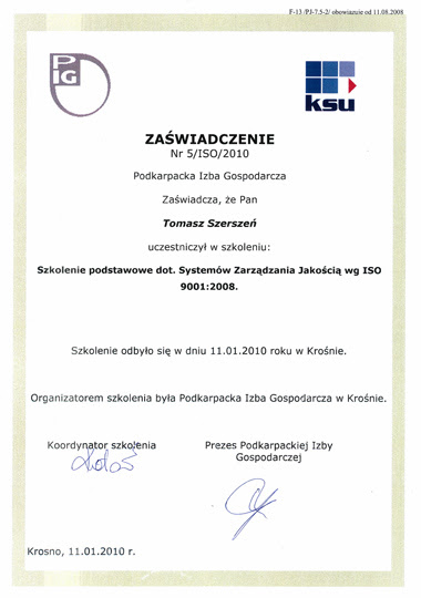 Szkolenie podstawowe dot. systemów zarządzania jakością wg ISO 9001:2008